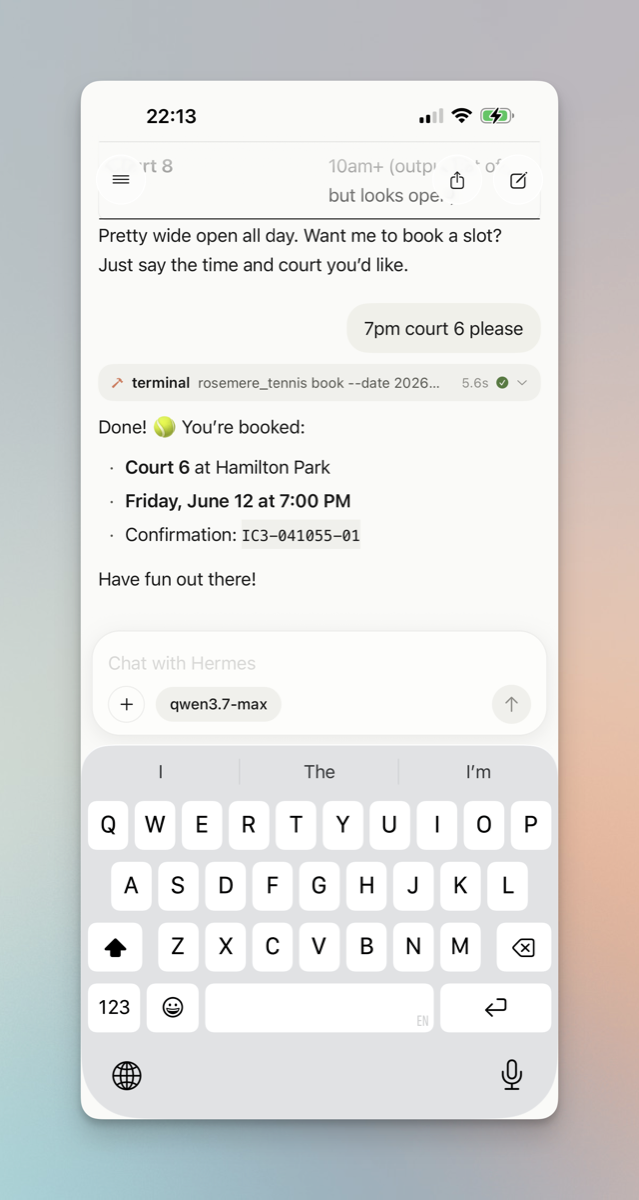 Hermes booking Court 6 and returning a confirmation number
